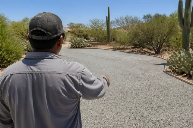 Concrete technician inspecting a gravel driveway base for a construction project in Tucson, AZ.