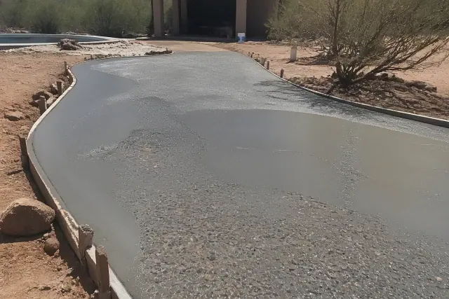 Exposed aggregate concrete sidewalk with partially visible pebbles in a Tucson, AZ patio setting.