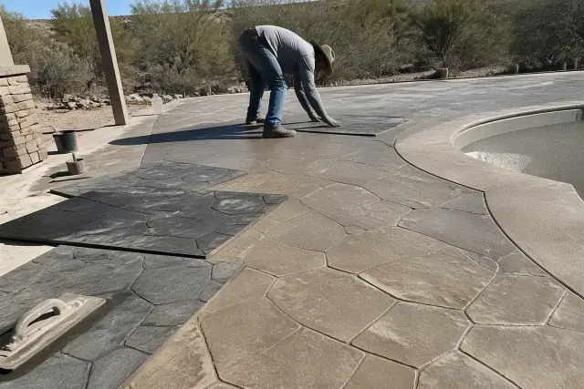 Stamped concrete pool deck with stone-like texture impressions at a jobsite in Tucson, AZ with desert bushes in background.