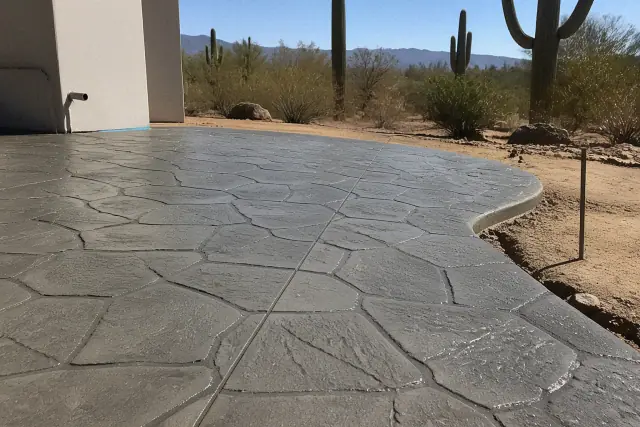 Decorative stone-patterned concrete slab in a Tucson, AZ jobsite with saguaro cacti in the background.