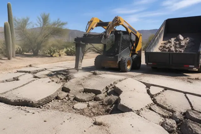 Heavy machinery breaking up a cracked driveway and loading debris into a container in Tucson, AZ.