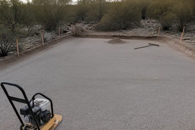 Gravel base spread on a leveled site ready for steel grid installation in Tucson, AZ.