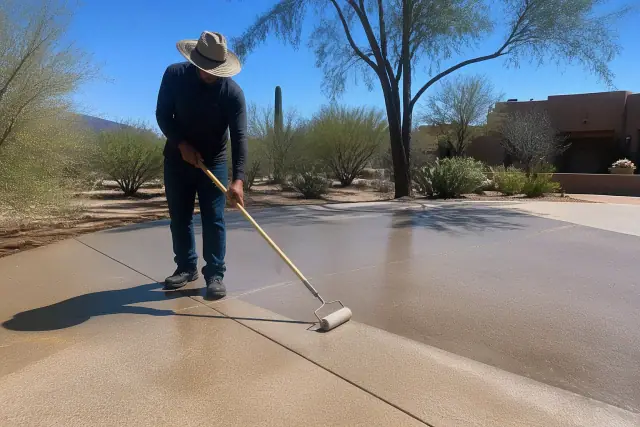 Worker using a roller brush to apply protective sealer to a concrete driveway in Tucson, AZ.