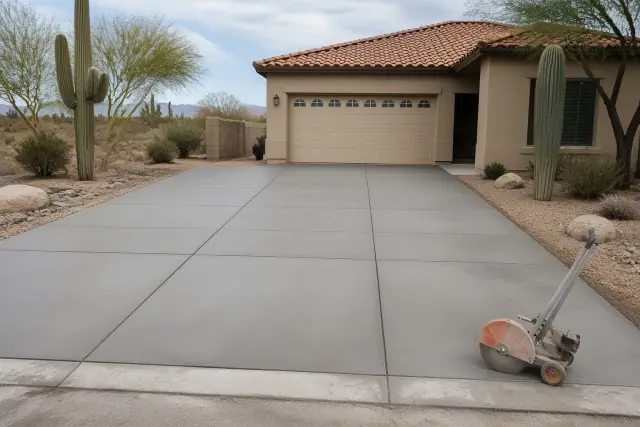 New concrete driveway slab with control joints at a home with a red-tile roof and saguaro cacti in Tucson, AZ.