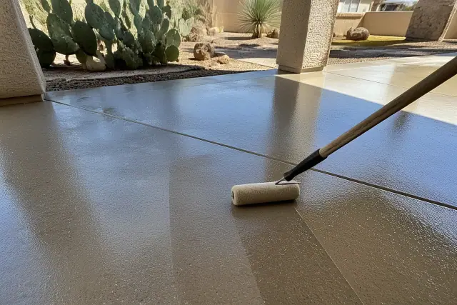 Roller applying a glossy epoxy coating to a concrete floor in a Tucson, AZ worksite with desert plants in the background.