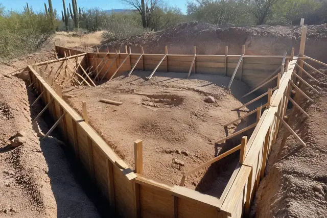 Wooden perimeter formwork inside an excavation trench for a concrete foundation project in Tucson, AZ.