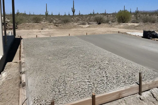 Exposed aggregate concrete patio installation with wooden forms and a saguaro desert horizon in Tucson, AZ.