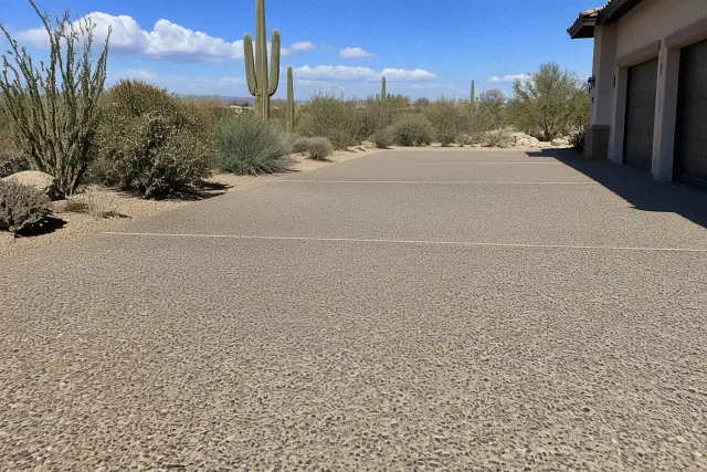 Exposed-aggregate concrete driveway surface with river rock texture in a Tucson, AZ desert landscape.