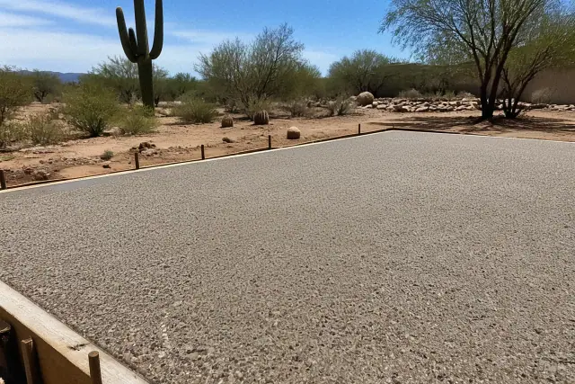 Close-up of finished exposed aggregate concrete texture on a patio in Tucson, AZ with desert landscaping in the background.