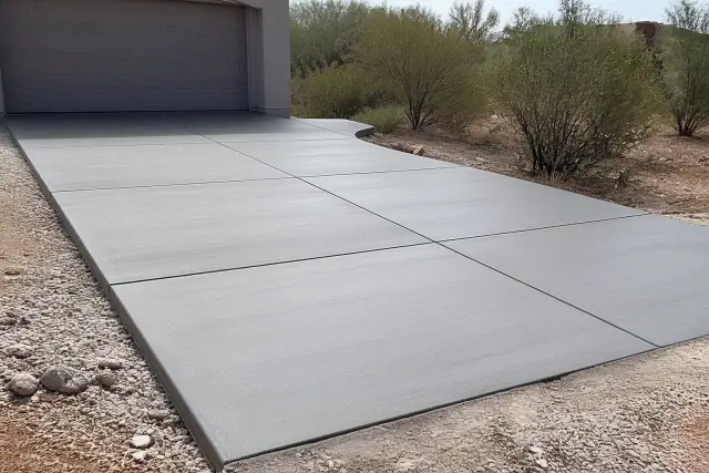 Finished concrete driveway with proper drainage and desert landscaping in Tucson, AZ.