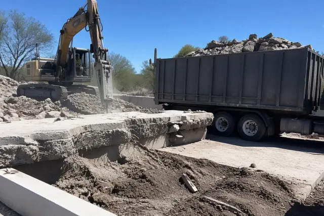 Heavy machinery breaking up concrete foundations and footings at a jobsite in Tucson, AZ.