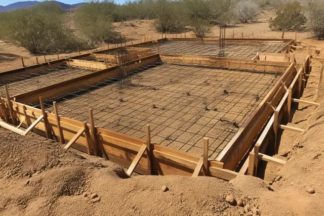 Foundation and structural design layout with rebar inside wooden concrete forms at a job site in Tucson, AZ.