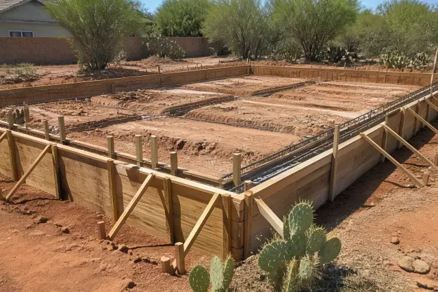 Wooden formwork and rebar for a concrete foundation footing installation at a residential site in Tucson, AZ.