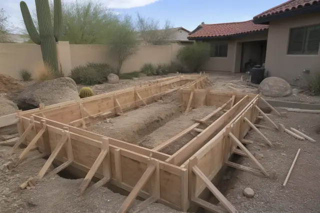 Wooden foundation formwork with trenches and bracing at a residential construction site in Tucson, AZ.