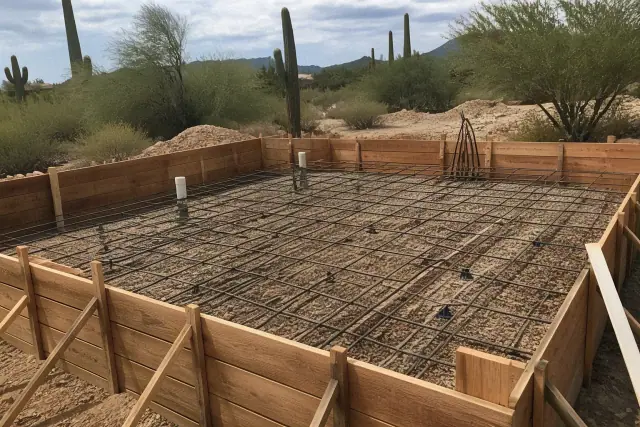 Wooden foundation formwork with steel reinforcement bars at a construction site in Tucson, AZ.