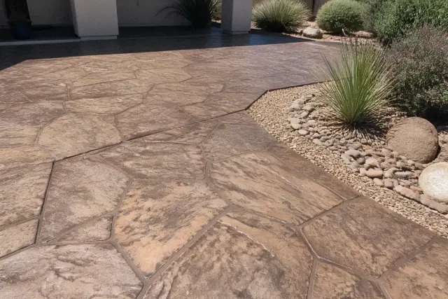 Stamped concrete with integral color and antiquing residue on a jobsite in Tucson, AZ.