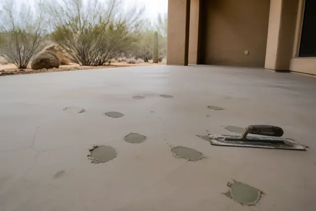 Contractor troweling bonding compound to repair a damaged floor surface in a Tucson, AZ home.