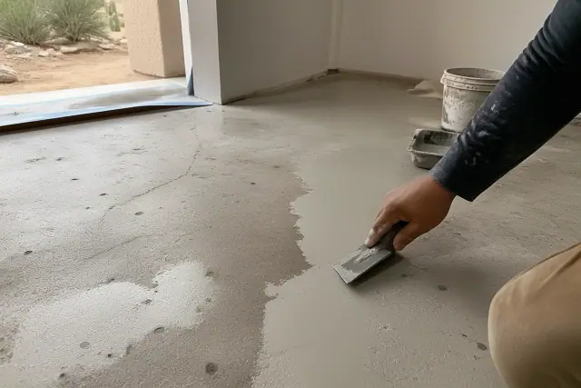 Contractor troweling bonding compound to repair pitted concrete flooring at a home in Tucson, AZ.