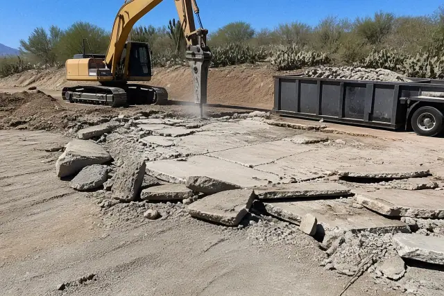 Heavy machinery breaking up concrete slabs and loading rubble into a container at a construction site in Tucson, AZ.