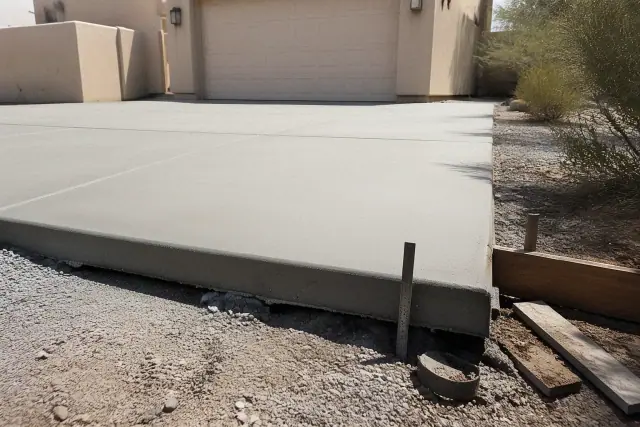 Completed concrete driveway showing slab thickness over a gravel base at a home in Tucson, AZ.