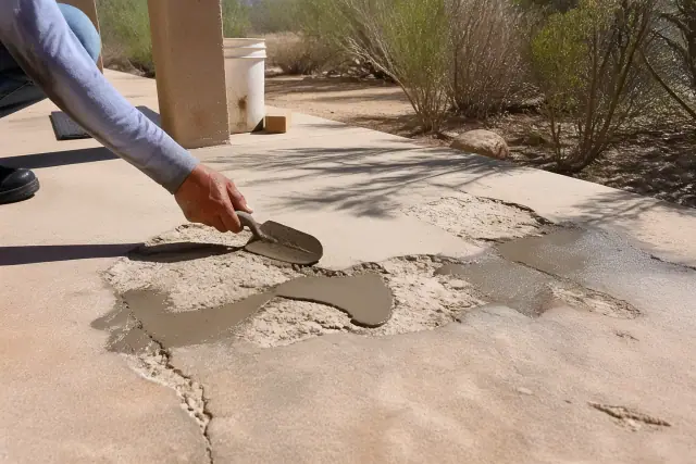 Contractor applying repair compound to a spalling concrete patio in Tucson, AZ, surrounded by creosote bushes.