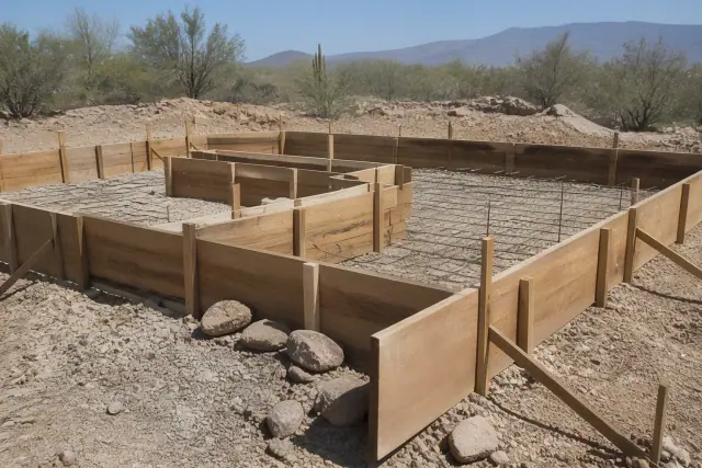 Wooden formwork for a concrete slab foundation with rebar reinforcement at a construction site in Tucson, AZ.