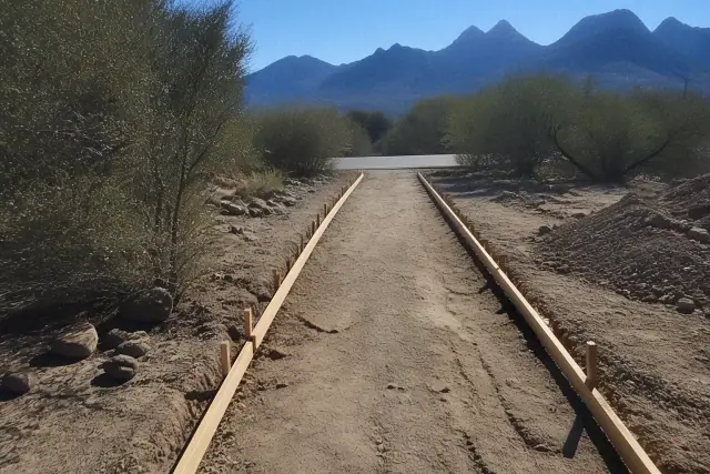 Wooden sidewalk forms with stakes set for a new walkway installation in Tucson, AZ, with mountains in the background.