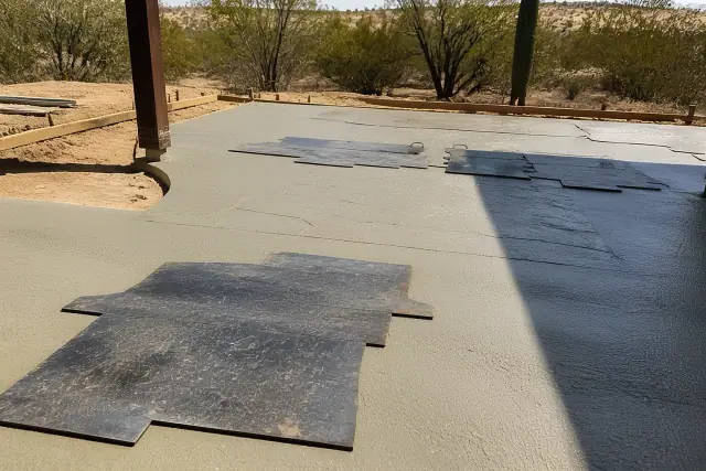 Stamped concrete texture being imprinted with polyurethane mats on a jobsite in Tucson, AZ with desert surroundings.