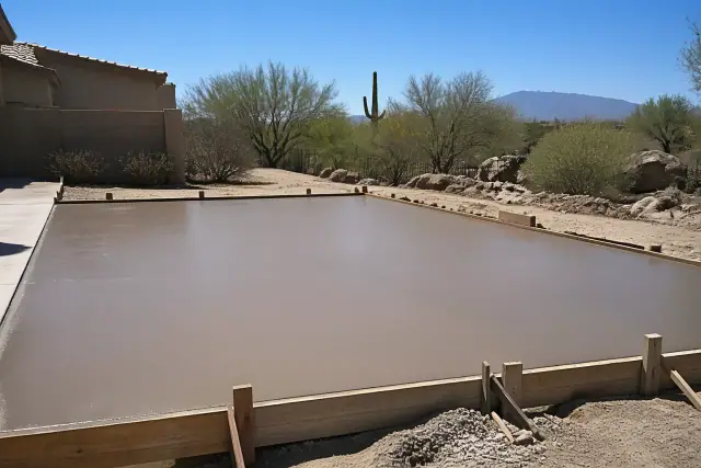 Fresh concrete surface being smoothed inside wooden forms at a home project in Tucson, AZ.