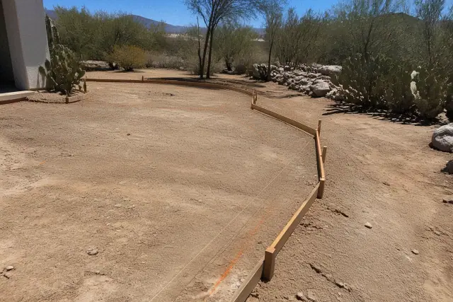 Patio and pool deck layout with string lines and markings on a construction site in Tucson, AZ, with prickly pear cacti.
