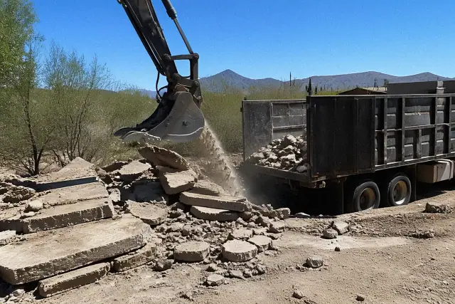 Heavy machinery breaking up a pool deck and loading rubble into a container at a job site in Tucson, AZ.