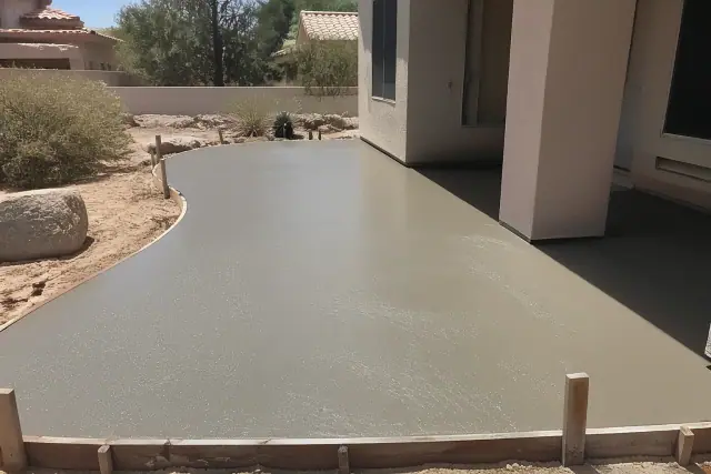 Freshly applied patio resurfacing on a concrete floor in Tucson, AZ, with desert landscaping in the background.