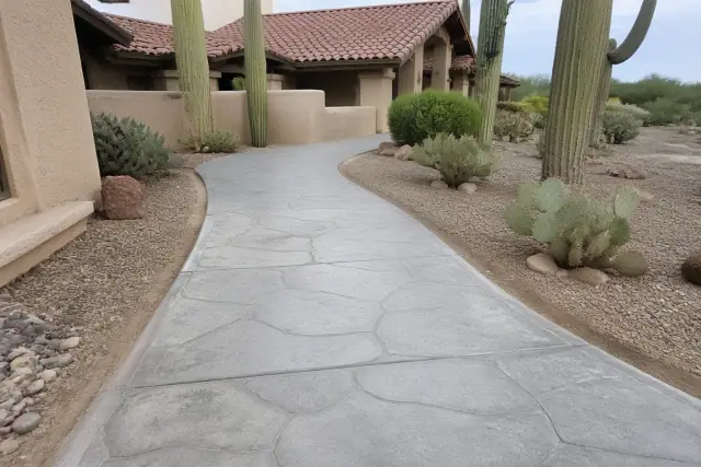 Cured concrete walkway with stone-like stamped pattern and desert landscaping in Tucson, AZ.