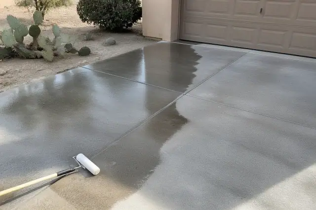A roller brush applies penetrating concrete sealer to a residential driveway in Tucson, AZ, near prickly pear cacti.