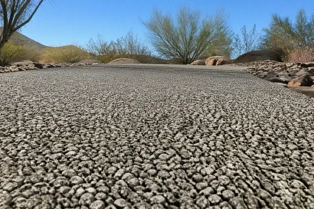 Permeable and recycled aggregate concrete sidewalk with desert sunlight and creosote bushes in Tucson, AZ.