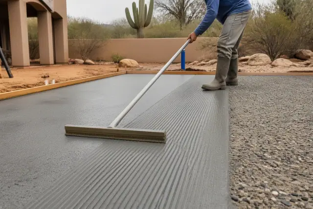 Worker using a power trowel to smooth wet concrete on a residential patio in Tucson, AZ.