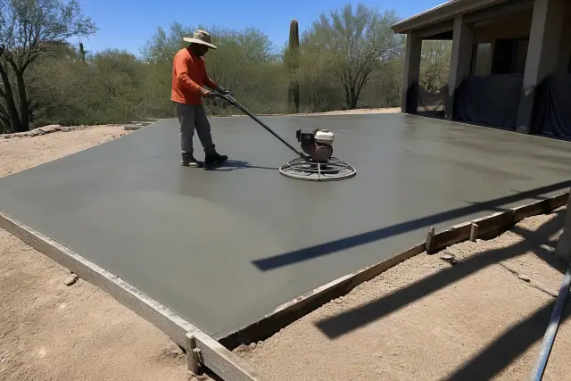 Worker using a power trowel to finish a mixed concrete patio in Tucson, AZ.