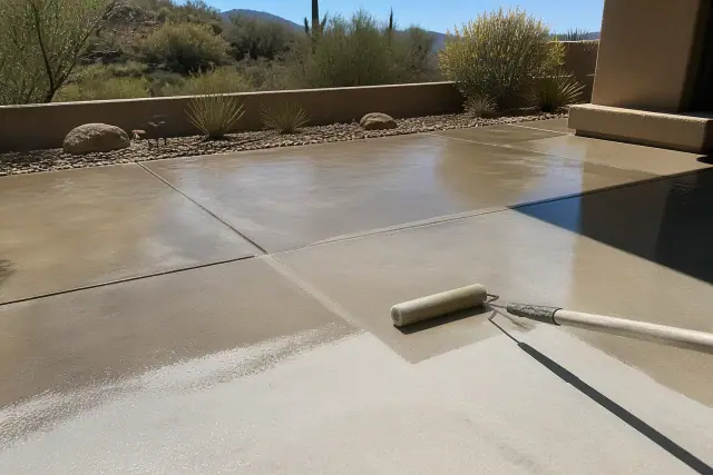Roller applying a clear polyurethane moisture barrier to concrete in a Tucson, AZ desert landscape.