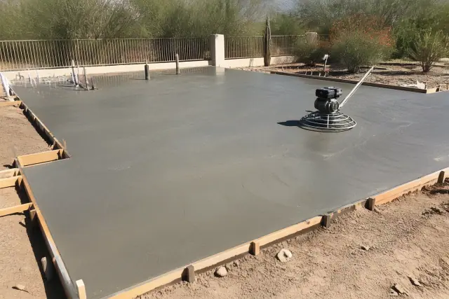 Worker using a power trowel to smooth a wet concrete pool deck during a patio installation in Tucson, AZ.