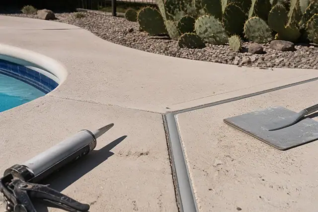 Worker applying flexible joint filler to a concrete pool deck crack in Tucson, AZ.