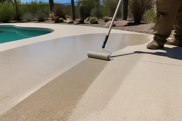 Technician applying a clear sealant to a concrete pool deck in Tucson, AZ.