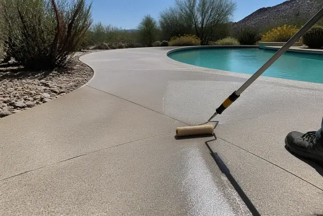 A roller brush applying transparent sealant to a resurfaced concrete pool deck in Tucson, AZ, with desert landscaping.