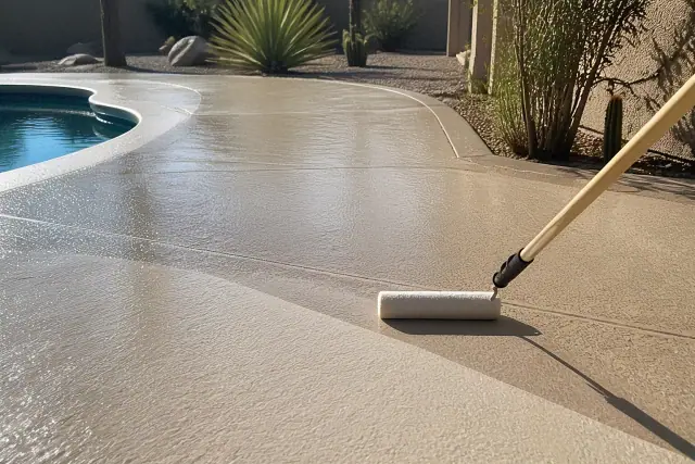 Applying a transparent protective sealer to a concrete pool deck in Tucson, AZ with desert xeriscaping nearby.
