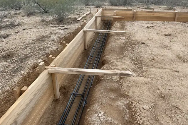 Foundation footing trench with wooden formwork and rocky caliche soil at a construction site in Tucson, AZ.