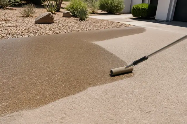 A roller applying clear sealant to concrete at a residential property in Tucson, AZ, with desert landscaping nearby.