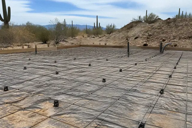 Steel wire reinforcement grid on plastic spacers over desert soil at a Tucson, AZ job site with saguaro cacti.