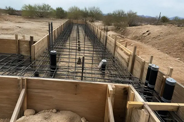 Rebar and pipe sleeves inside concrete foundation forms at a job site in Tucson, AZ, with desert landscape in the background.