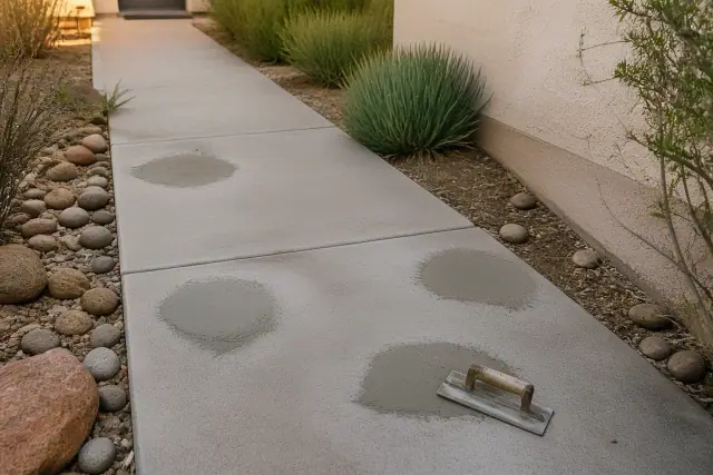 Contractor repairing a concrete sidewalk with bonding compound in Tucson, AZ, surrounded by desert landscaping.