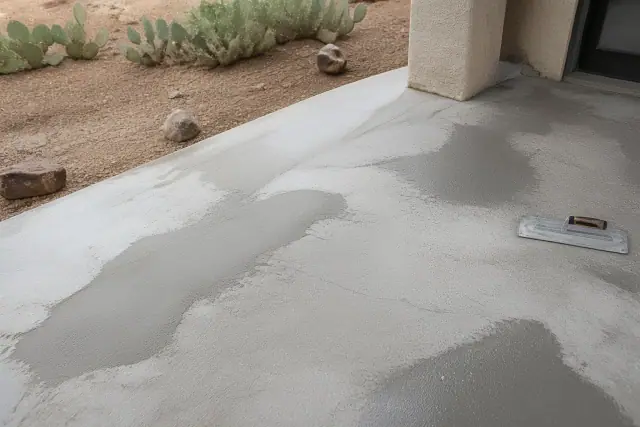 Contractor troweling bonding compound into pitted flooring during a site repair in Tucson, AZ.