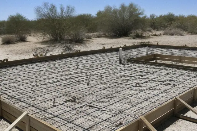 Steel rebar grid for a concrete foundation inside edge forms on a desert jobsite in Tucson, AZ.